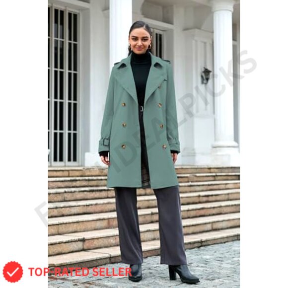 Women's Double Breasted Waterproof Trench Coat Classic Lapel Overcoat with Belt - Picture 3 of 7